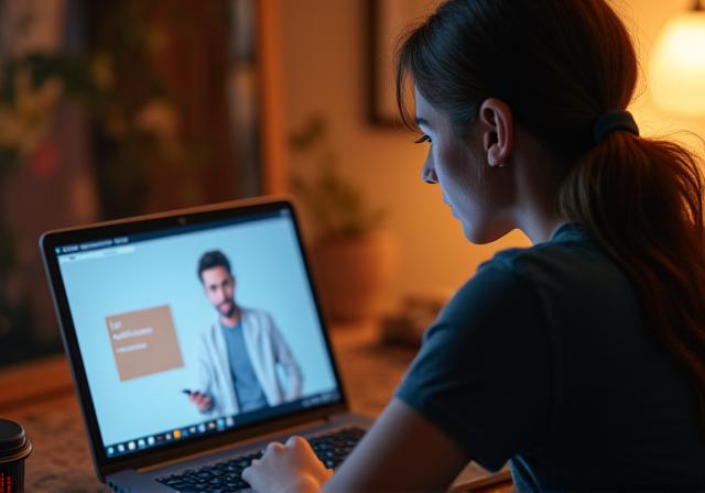 ノートパソコンで熱心にオンラインコースを受講する個人