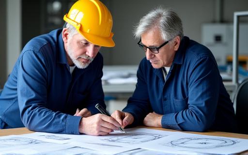 エンジニアが設計図を見ながら議論している様子